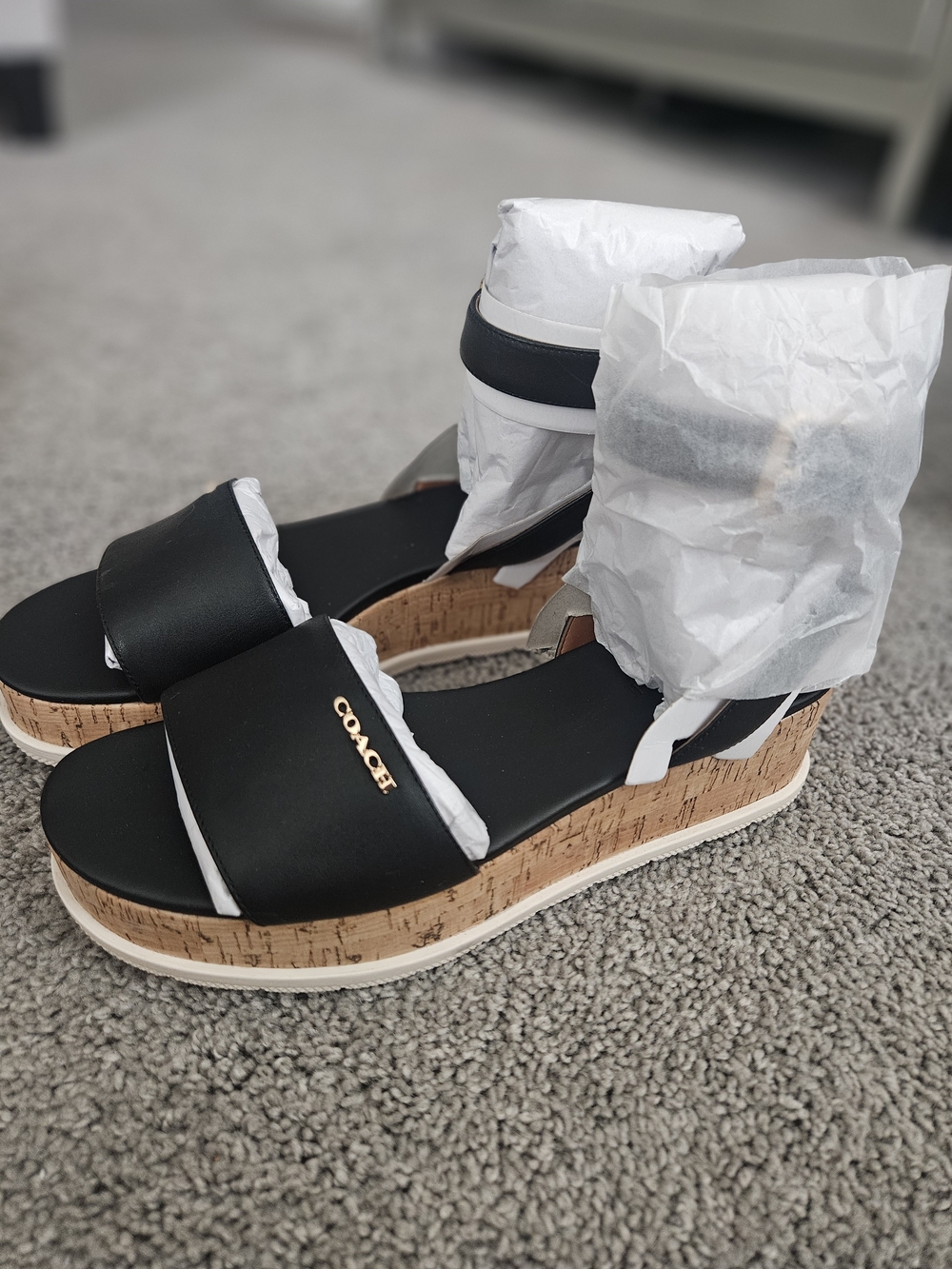 Coach Black Talulah Leather Wedge Sandals